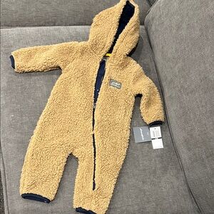 Eddie Bauer Khaki Sherpa Footie with Navy Trim